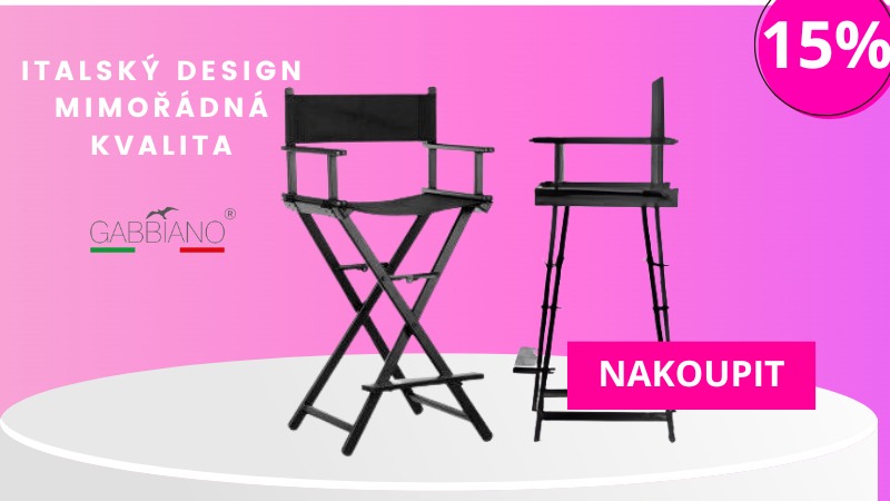 Italská designová černá makeup židle Gabbiano, skládací s mimořádnou kvalitou, ideální pro profesionální kosmetické salony.